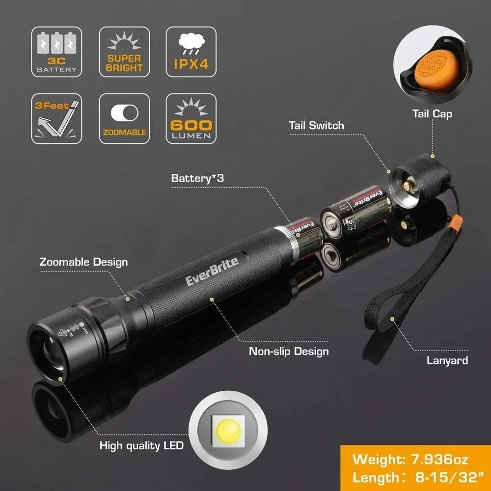 New EverBrite 600Lumen Ultra Bright Tactical Flashlight Zoomable 4 Lighting Mode